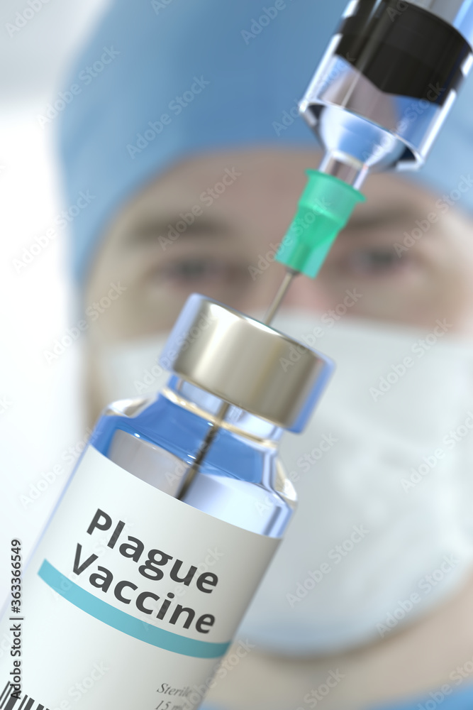 Medical bottle with plague vaccine and syringe against blurred doctor's face, 3D rendering Medical bottle with plague vaccine and syringe against blurred doctor's face, 3D rendering