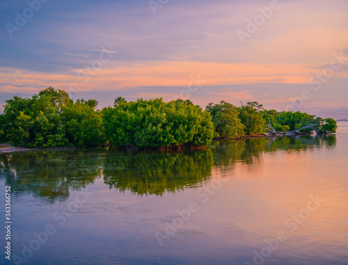 Fototapeta Naklejka Na Ścianę i Meble -  sunset over the river sea nature beautiful  trees reflections in the water clouds florida Key Biscayne  