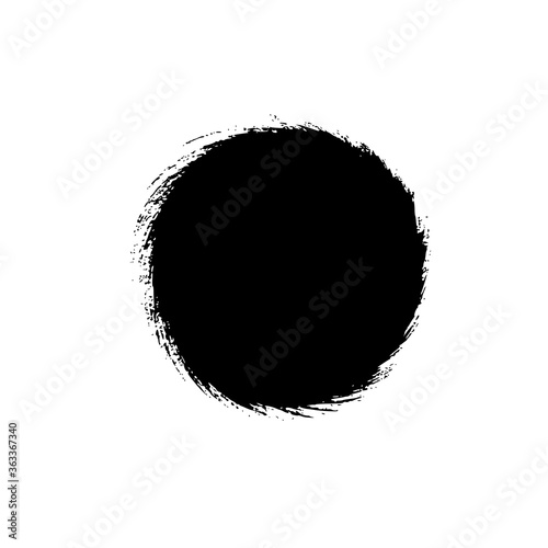 Black paint vector circle. Hand painted ink blob, round button, grunge dot. Hand drawn grunge circle isolated on white. Dry rough edges. Rounded black paint brushstroke. Grungy smear and rough stain.