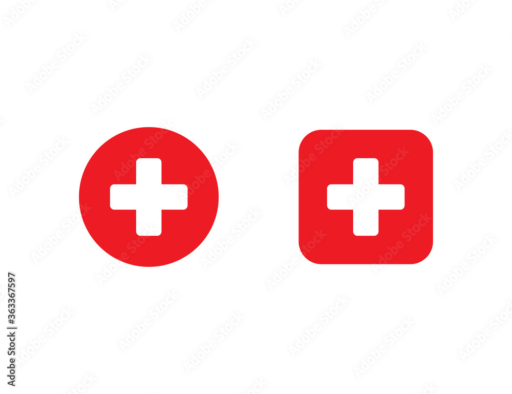 Red medical cross in circle and square. First aid sign. Hospital emblem. Emergency button. White plus icon in flat design. Isolated cross symbol. Pharmacy health care. Vector EPS 10. Red medical cross in circle and square. First aid sign. Hospital emblem. Emergency button. White plus icon in flat design. Isolated cross symbol. Pharmacy health care. Vector EPS 10.