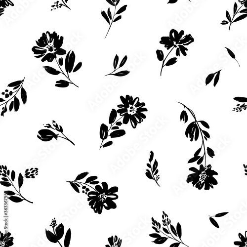 Seamless floral vector pattern with peonies  camomile or daisy. Hand drawn black paint illustration with abstract floral motif. Graphic hand drawn brush stroke botanical pattern. Leaves and blooms.