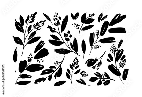 Plant branches with small leaves black paint vector illustrations set. Set of black silhouettes leaves and twigs. Hand drawn eucalyptus foliage, herbs, tree branches. Ink elements isolated on white.
