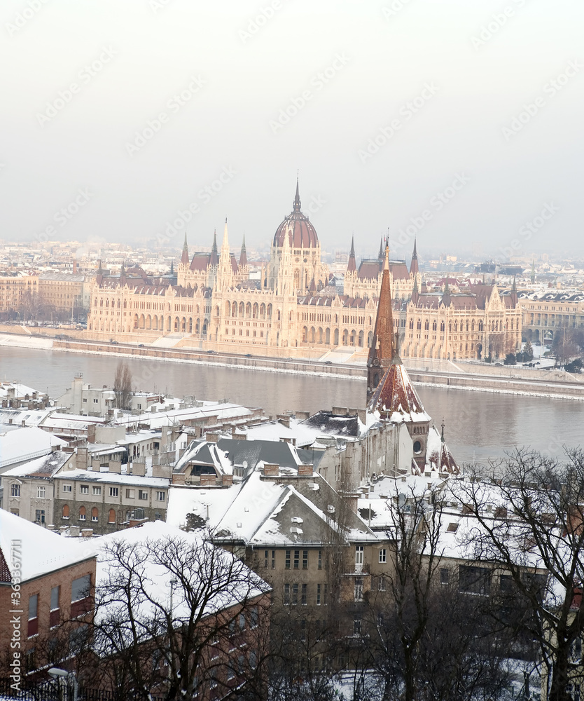 snowy landscape in budapest, hungary