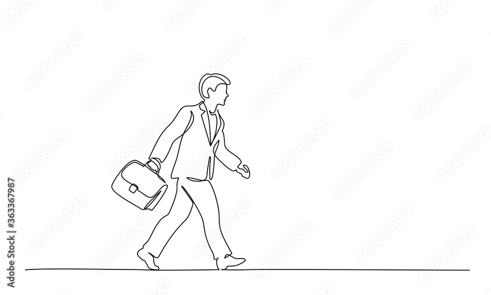 Man walking on street with briefcase. one line drawing