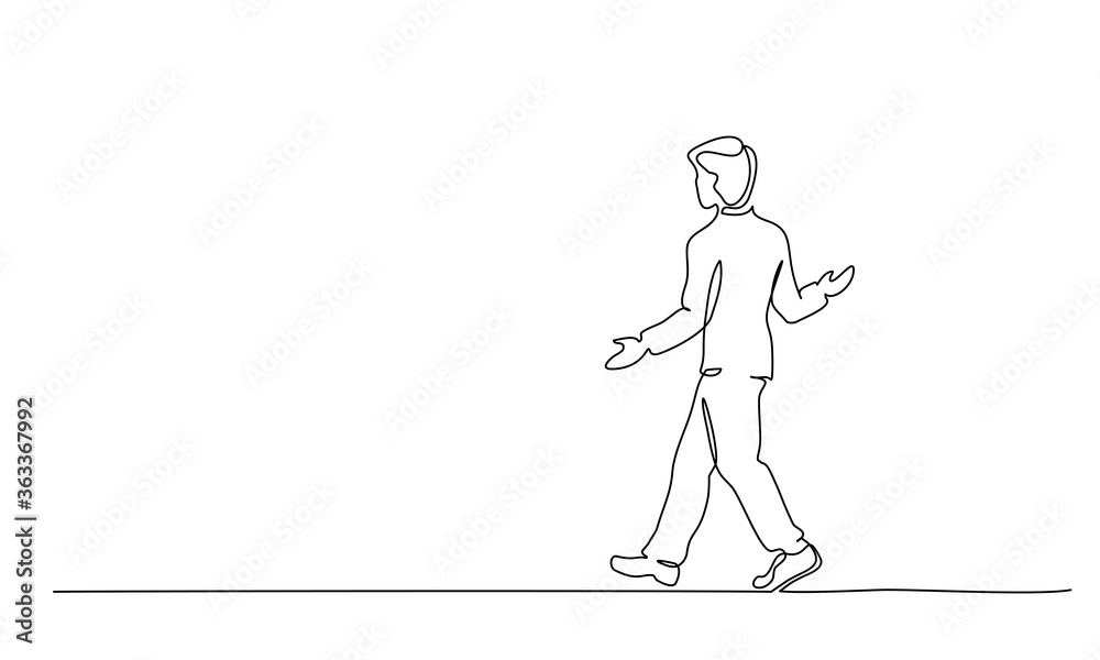 Young man walking surprised. One line drawing