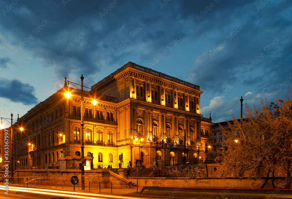 building of science academy in budapest at night