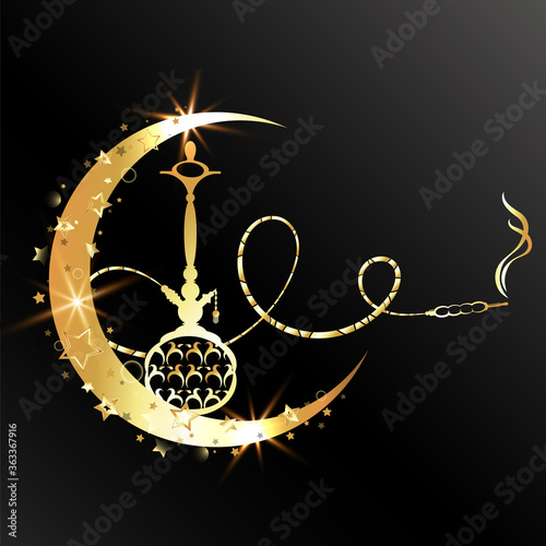 Golden hookah and crescent design for relaxation and smoking