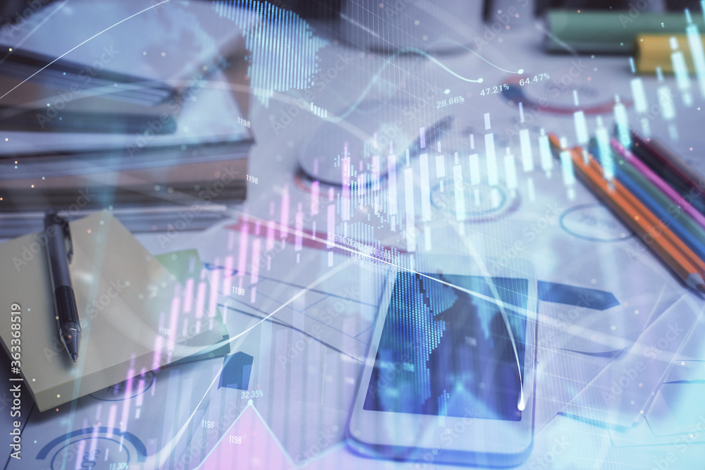 Double exposure of forex graph drawing and cell phone background. Concept of financial data analysis Double exposure of forex graph drawing and cell phone background. Concept of financial data analysis