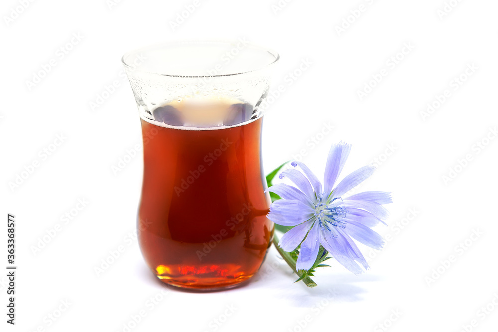 Chicory drink in glass cup with blue flower. Chicory drink in glass cup with blue flower.