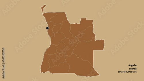 Bengo, province of Angola, with its capital, localized, outlined and zoomed with informative overlays on a solid patterned map in the Stereographic projection. Animation 3D photo