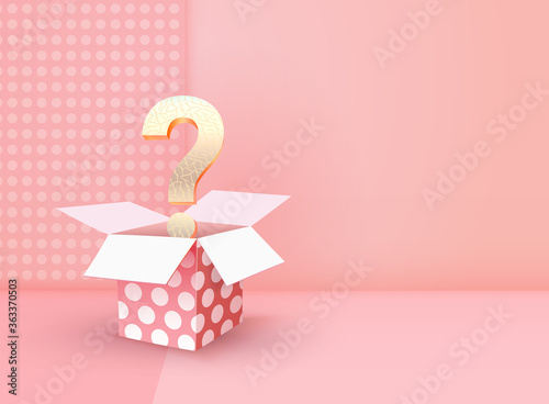 Winning gifts lottery vector illustration. Gift drawing. Open textured box with golden question mark on cream pink background.