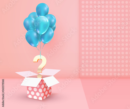 Winning gifts lottery vector illustration. Gift drawing. Open textured box with golden question mark on cream pink background.