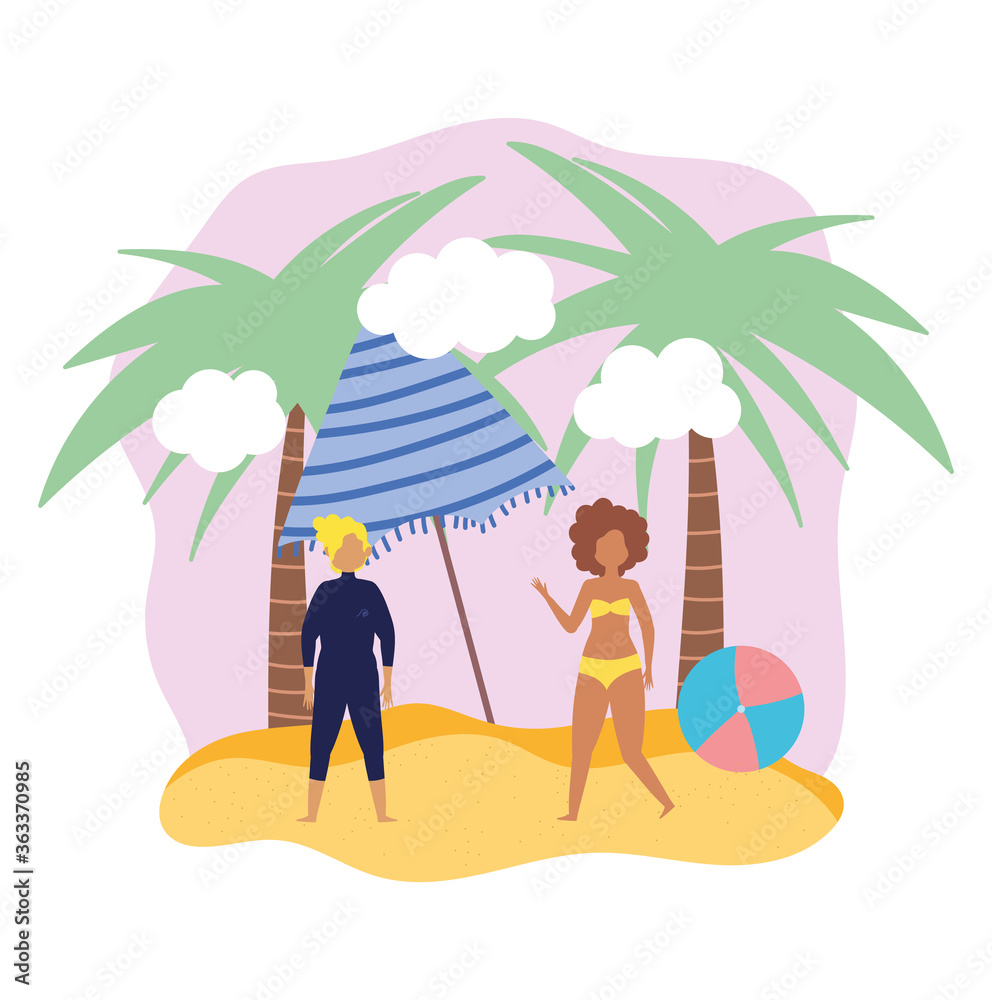 Fototapeta premium summer people activities, man and woman with umbrella ball, seashore relaxing and performing leisure outdoor