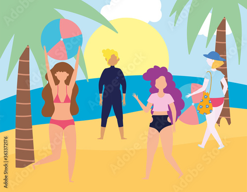 summer people activities, people with swimsuits in beach, seashore relaxing and performing leisure outdoor