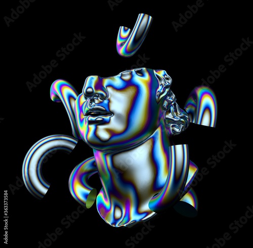 Surreal minimalist composition of torus slices and holographic fragment of colossal head sculpture. Conceptual 3D rendered illustration for contemporary modern art subject. photo