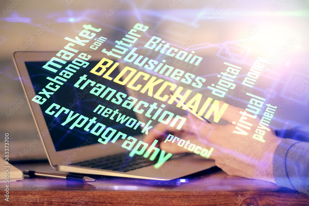 Double exposure of man's hands holding and using a phone and crypto currency blockchain theme drawing. Double exposure of man's hands holding and using a phone and crypto currency blockchain theme drawing.