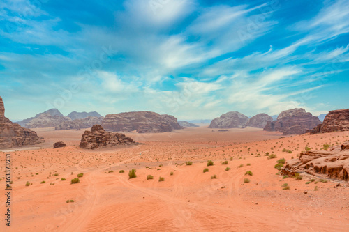 Deserted landscape of Wadi Rum in Jordan 