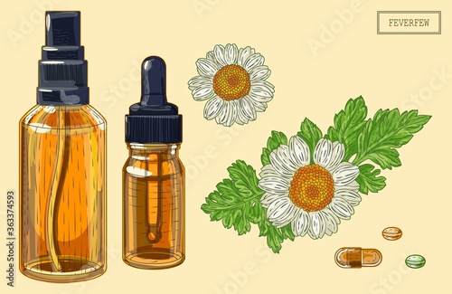 Medical feverfew flowers and dropper and sprayer, hand drawn illustration in a retro style