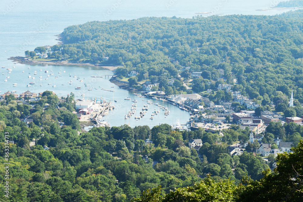 The port of Camden Maine as seen from Mt Battie. Mt Battie is located near Camden looks down on the town and the countryside around it.