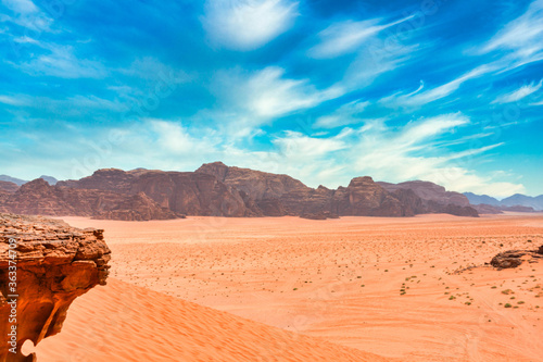 Deserted landscape of Wadi Rum in Jordan 