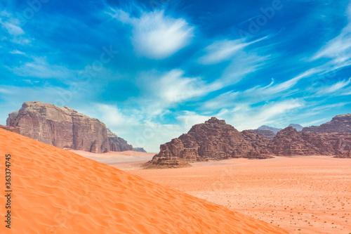 Deserted landscape of Wadi Rum in Jordan 