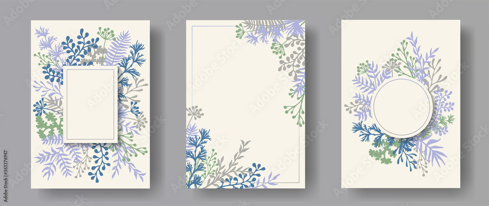 Fototapeta Hand drawn herb twigs, tree branches, leaves floral invitation cards collection. Bouquet wreath rustic invitation cards with dandelion flowers, fern, mistletoe, olive branches, savory twigs.