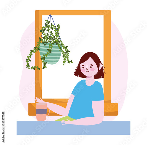 restaurant social distancing, woman with coffee cup alone prevent from disease outbreak, covid 19