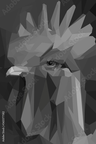 Black and white render of abstract polygon pattern red vibrant rooster head with impressive crest and long gobble wobbler wattles. Painterly geometric shape animal portrait.