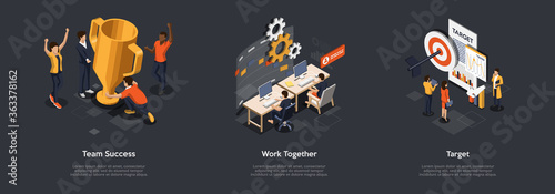 Concept Of Teamwork, Partnership And Goal Achieving. Group Of Business People Working On New Business Projects, Identifying And Reach Goals Together Working In Team. Isometric 3D Vector Illustration