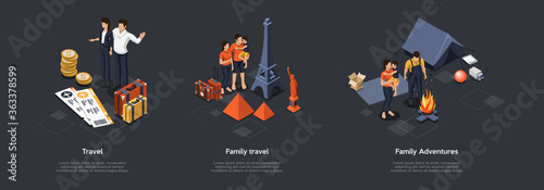 Family Adventures During Travel Concept. People Planning Vacations Buying Tickets, Visiting Famous Landmarks. Parents With Son Hiking In Mountains With Tent. Cartoon Isometric 3D Vector Illustration