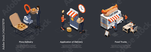 Concept Of Food Online Order, Fast Delivery Service. Courier Delivers Pizza And Parcel To Customers Home. Characters Eat Lunch In Fast Food Truck Hot Dog Restaurant. Isometric 3d Vector Illustration