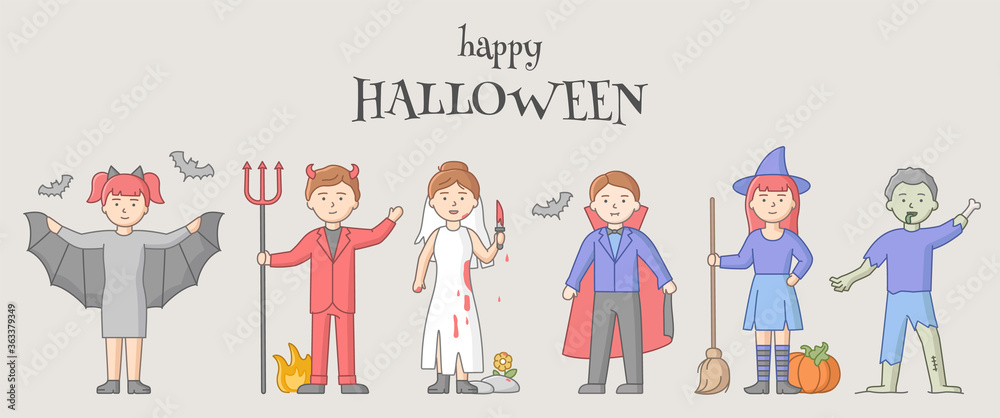 Halloween Party Celebration Concept. Set Of People Disguised To Evil Characters, Witches And Vampires On Carnival. People Celebrate Holiday. Cartoon Linear Outline Flat Style. Vector Illustration Halloween Party Celebration Concept. Set Of People Disguised To Evil Characters, Witches And Vampires On Carnival. People Celebrate Holiday. Cartoon Linear Outline Flat Style. Vector Illustration