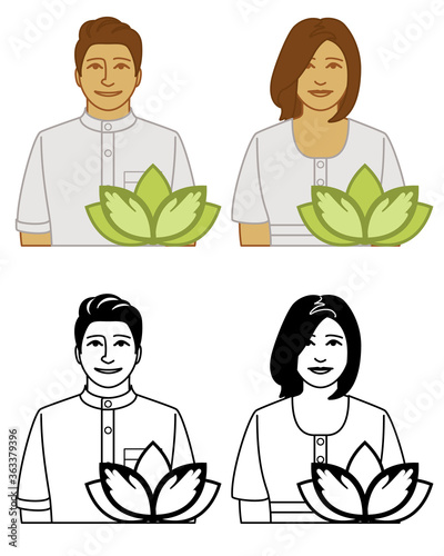 set of massage therapist vector icons male and female, in uniform, with lotus symbol, isolated on a white background
