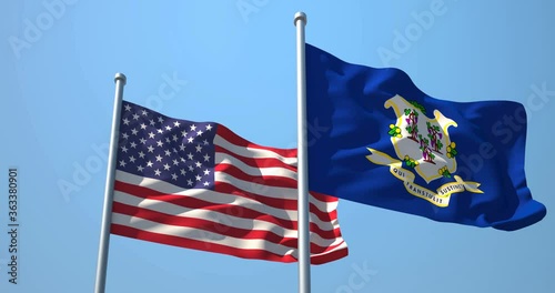 Connecticut flag and the USA on a flagpole realistic wave on wind not synchronously, solid background. State of Connecticut in The United States of America. Hartford. Bridgeport.