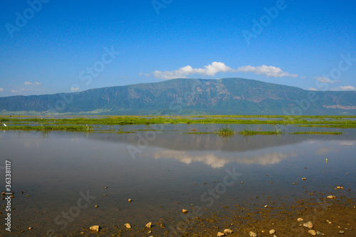 View of Lake Natron in the Great Rift Valley, on the border between Kenya and Tanzania. 