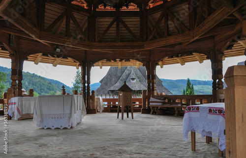 Obraz na płótnie Barsana Monastery, Maramures, Romania, Europe, spring 2018. Altar of the center garden gazebo of the Barsana Orthodox monastery. It is one of the main points of interest in the Maramures area. w salonie