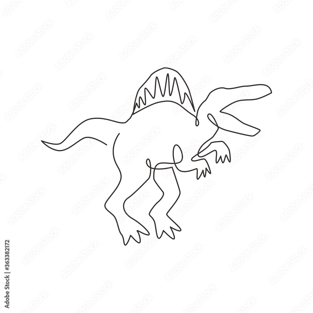 Obraz premium One continuous line drawing of aggressive dinosaurs animal for logo identity. Stegosaurus mascot concept for prehistoric museum icon. Trendy single line graphic draw design vector illustration