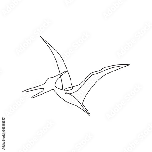Single continuous line drawing of aggressive flying pterodactyl for logo identity. Prehistoric animal mascot concept for dinosaurs theme amusement park icon. One line draw design vector illustration