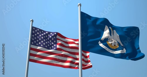 Louisiana flag and the USA on a flagpole realistic wave on wind not synchronously, solid background. State of Louisiana in The United States of America. Baton Rouge. New Orlean.