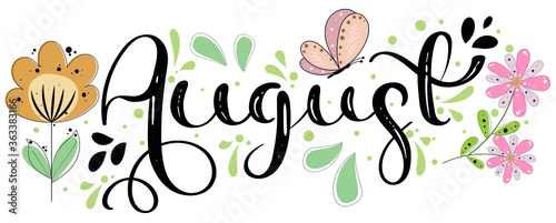 Hello August on ornaments. Hello AUGUST month vector with flowers and leaves. Decoration floral. Illustration month August	
 photo