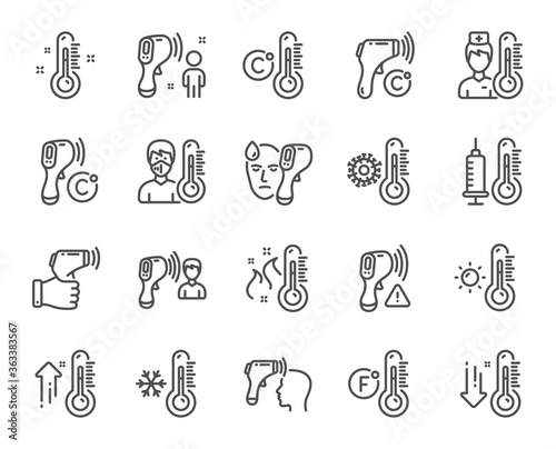 Temperature line icons. Thermometer  Check body temperature  Fever diagnostic. Coronavirus control  flu check  disease inspect line icons. 2019-ncov protective measures  body heat. Vector