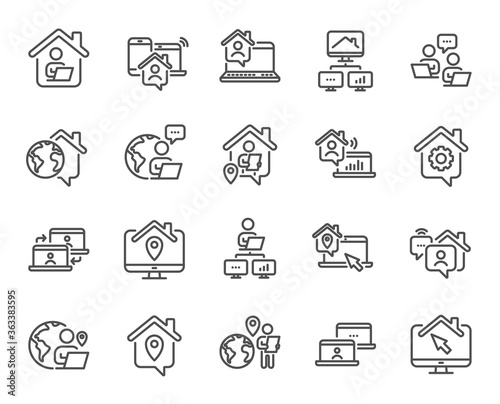 Work at home line icons. Remote worker, Freelance job, Office employee. Stay at home, internet work, remote teamwork line icons. Worker with computer, home workspace, shared network. Vector
