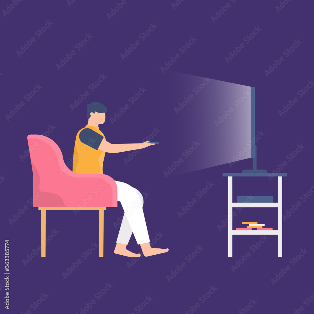 Fototapeta premium the concept of stay at home, relax and entertainment. illustration of a man sitting while watching television, holding a remote. flat design. can be used for elements, landing pages, UI.