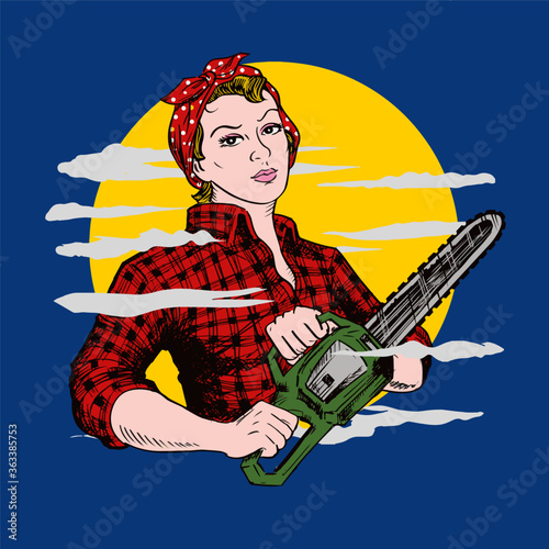 Lumberjill with chainsaw and posing like Rosie the riveter