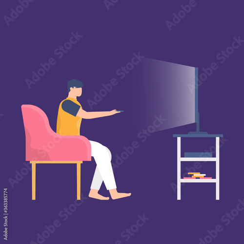 the concept of stay at home, relax and entertainment. illustration of a man sitting while watching television, holding a remote. flat design. can be used for elements, landing pages, UI.
