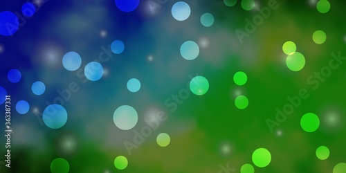 Light Blue, Green vector background with circles, stars. Glitter abstract illustration with colorful drops, stars. Design for posters, banners.