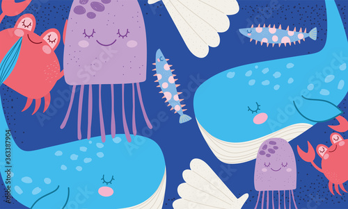 under the sea, whale shell crab fishes wide marine life landscape cartoon