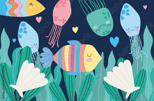 under the sea, fish jellyfish shell and algae wide marine life landscape cartoon