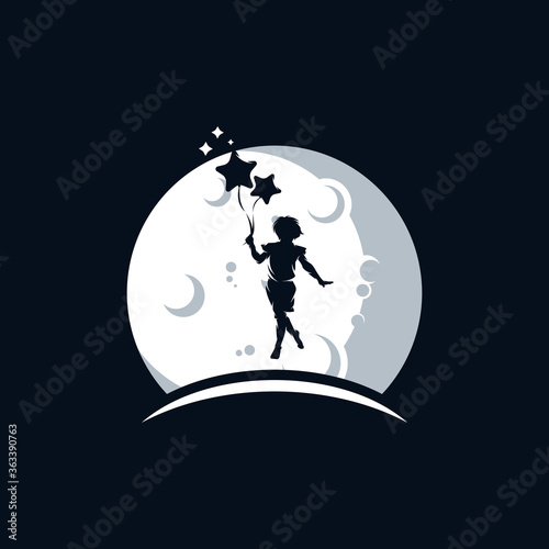 Child fly with balloons on the moon logo design