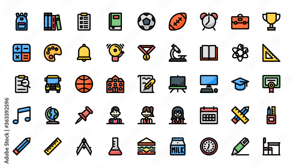 Back to School filled color basic outline icons pack Back to School filled color basic outline icons pack